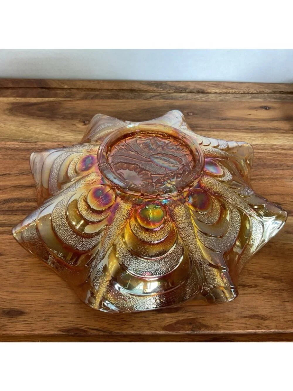 Vintage Fenton Orange Tree Marigold Carnival Ruffeled Bowl Iridescent Gold